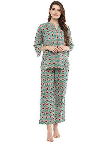 Green 3/4Th Sleeves Soft Comfortable Nightwear Printed Cotton Night Suit For Ladies