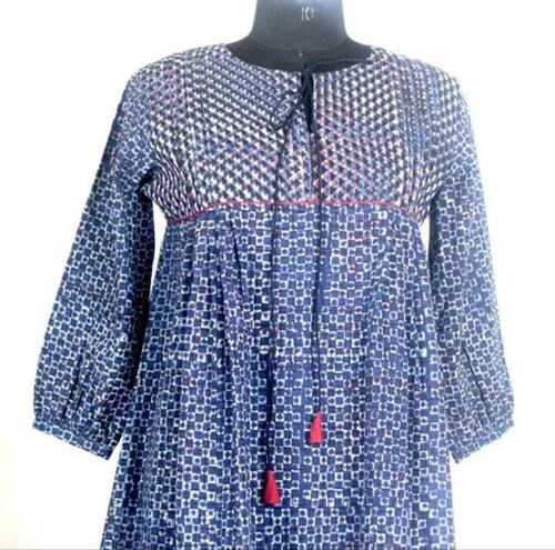 Casual Wear Ladies 3/4th Sleeve Blue Fancy Cotton Kurta