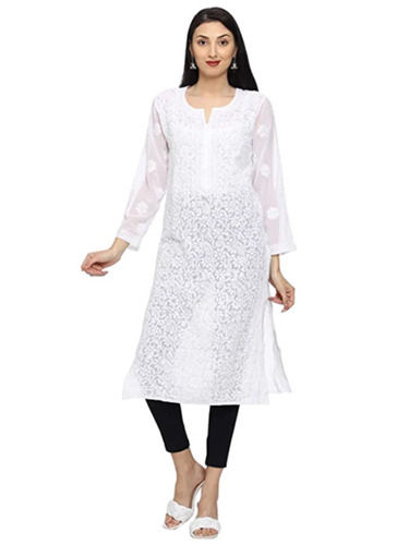 Casual Wear Long Sleeves Plain Dyed Embroidered Georgette Kurti Bust Size: 32 Inch (In)