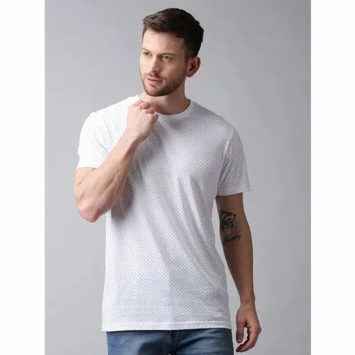 Men Casual Round Neck Short Sleeve White Dots Printed Cotton T-shirt