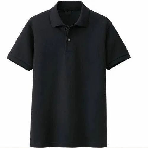 Men Casual Short Sleeve Collared Plain Black Cotton T-Shirt