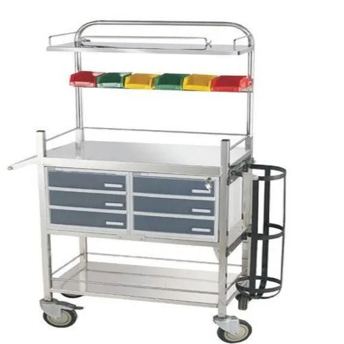 Polished Finished Four Wheel Based Stainless Steel Crash Cart Trolley Application: Hospitals