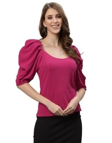 Pink Slim Fit 3/4Th Puff Sleeves Type Round Neck Plain Lycra Top For Ladies