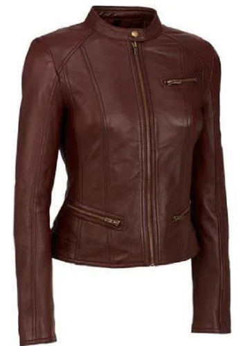 Brown Full Sleeve Round Neck Plain Zipper Closer Leather Jackets For Ladies