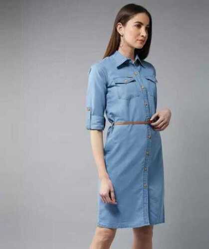 Ladies Plain Denim Short Length Dress For Casual Wear