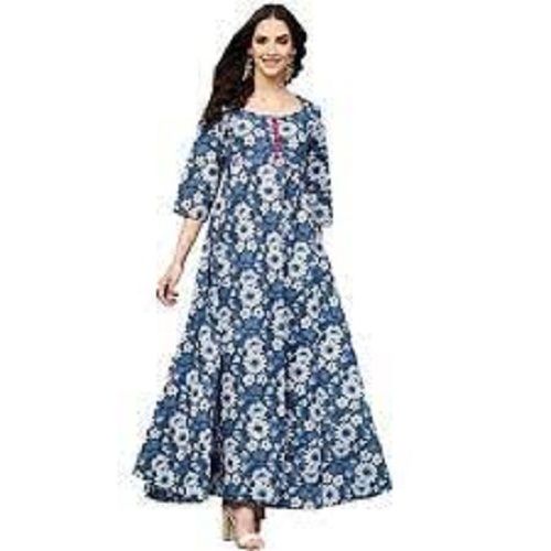 Long Sleeve Bead Decoration Floral Print Anarkali Silk And Cotton Blend Kurti