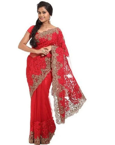 Red embroidered georgette saree with blouse - Velly - 3714072