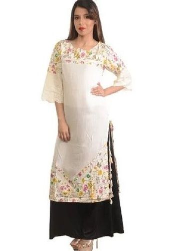 White 3-4Th Sleeves Embroidered Cotton Palazzo Suit For Ladies 