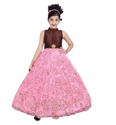 Pink Beautiful Embroidered Sleeveless Designers Net Gown For Kids