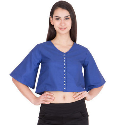 Blue Casual Wear 3/4th Sleeves Button Closure Plain Dyed Cotton Crop Top