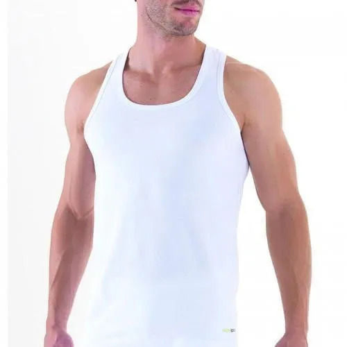 White Daily Wear And Slim Fit Sleeveless Plain Dyed Cotton Vest For Mens