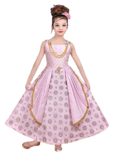 Pink Easy To Wash Casual Dress Indian Ethnic Regions Printed Party Wear Silk Gown For Kids