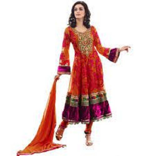 Red Embroidered Full Sleeve Round Neck Lace Decoration Printed Suits For Ladies