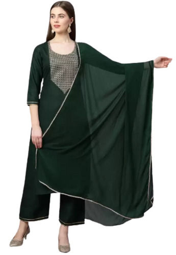 Green Full Sleeves Plain Rayon Palazzo Suit For Ladies