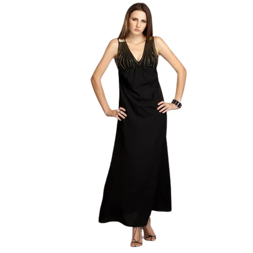 Ladies Slim Fit Sleeveless V Neck Plain Dyed Ankle Length Crepe Gown Bust Size: 34 Inch (In)