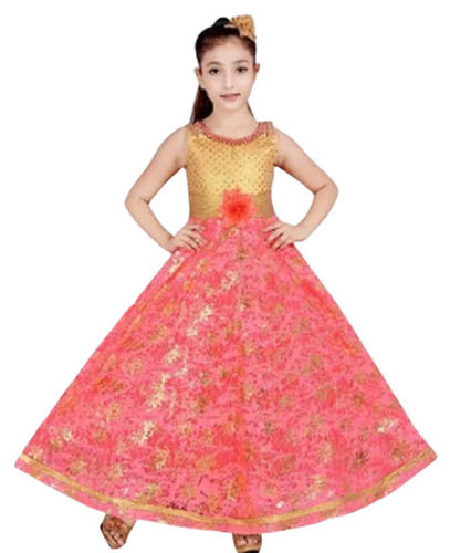 Printed Embroidered Breathable Skin Friendly Sleeveless Designer Net Girls Gown