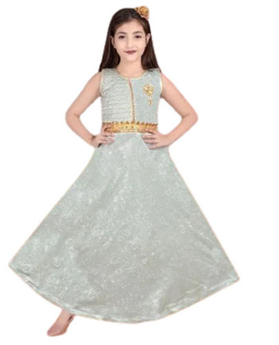 Light Grey Printed Laces Decorated Casual Dress Designer Silk Gown For Kids