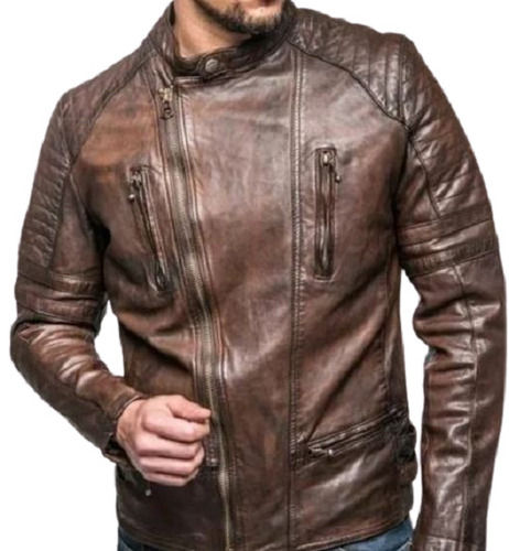 Brown Full Sleeves Plain Slim Fit Leather Jacket For Mens