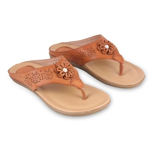 Brown Non Slip Comfortable Casual Wear Plain Leather Slipper For Ladies