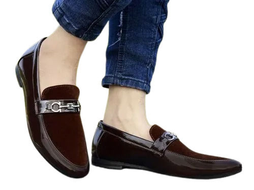 Brown Party Wear And Traditional Plain Slip On Pvc Loafer Shoes For Mens