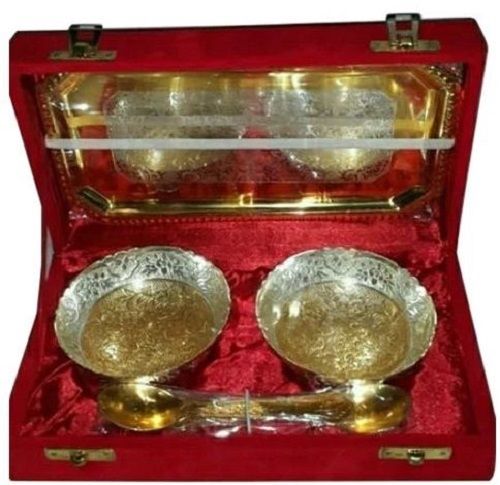 Gold Polished Brass Bowl Set with Two Spoon