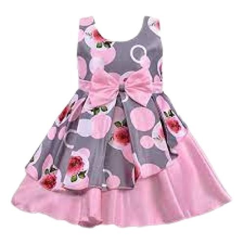 Grey With Pink Party Wear Breathable Comfortable Sleeveless Printed Cotton Frocks For Girl Kids