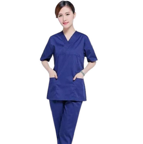 Blue Shorts Sleeves Plain Dyed Cotton Hospital Staff Uniform For Ladies