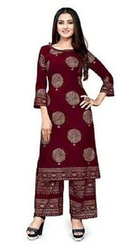 Maroon 3-4Th Sleeves Round Neck Embroidered Cotton Palazzo Suit For Ladies