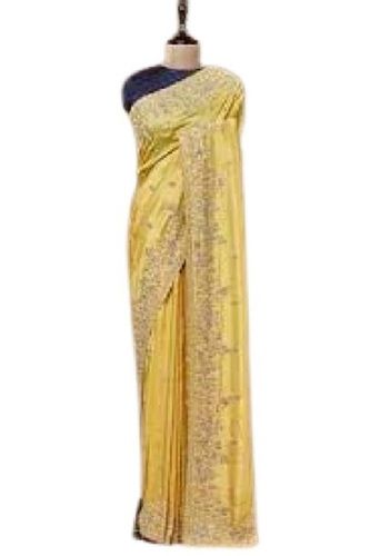 Spring Ladies Casual Wear Light Yellow And Golden Embroidered Silk Sarees