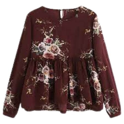 Casual Dress Ladies Printed Full Sleeve Boat Neck Maroon Rayon Top