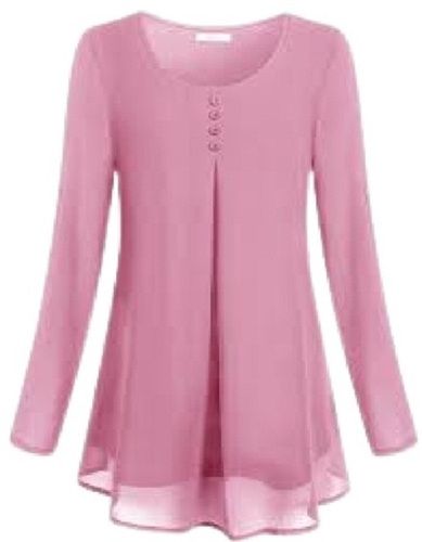 Casual Dress Lady's Plain Pink Long Sleeve Round Neck Chiffon Top