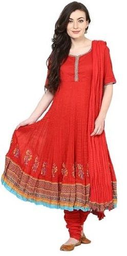 Red Party Wear Short Sleeves Embroidered Cotton Anarkali Suit