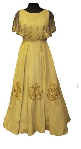 Plain Dyed Sleeveless Embroidered Cotton Gown For Ladies