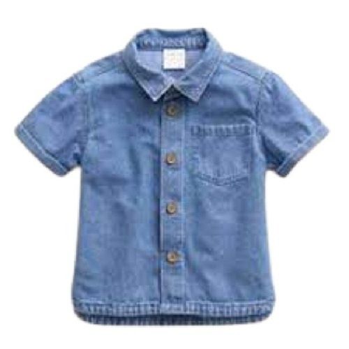 Plain Pattern Classic Collar Short Sleeve Button Closure Casual Wear Denim Baby Shirt  Age Group: Below 6