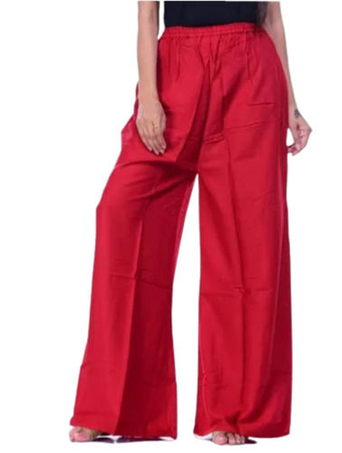 Red Slim Fit Casual Wear Plain Cotton Straight Palazzo For Women