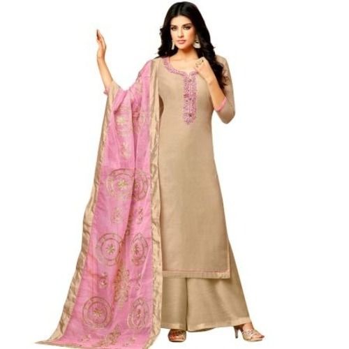 Beige Women Casual Wear 3-4Th Sleeves Embroidered Cotton Silk Palazzo Suit