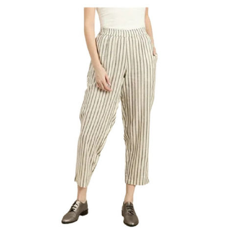 White Casual Wear Striped Pattern Regular Fit Zipper Fly Closure Cotton Trouser For Ladies 