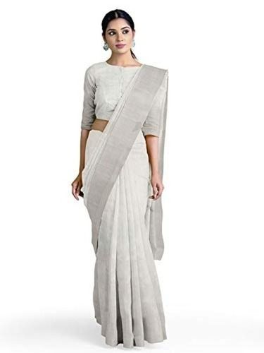 White Comfortable Formal Wear Plain Cotton Sarees With Blouse Pieces