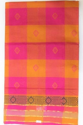 Pink With Yellow Ladies Daily Wear Checked Thread Work Pure Cotton Saree