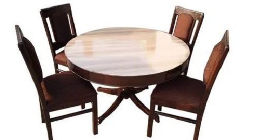 Machine Made Round 4 Seater And 3.5 Feet High Polished Wooden Dining Table Set