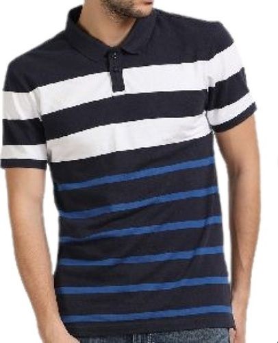 Mens Striped Short Sleeve Polo Neck Black Cotton T Shirt