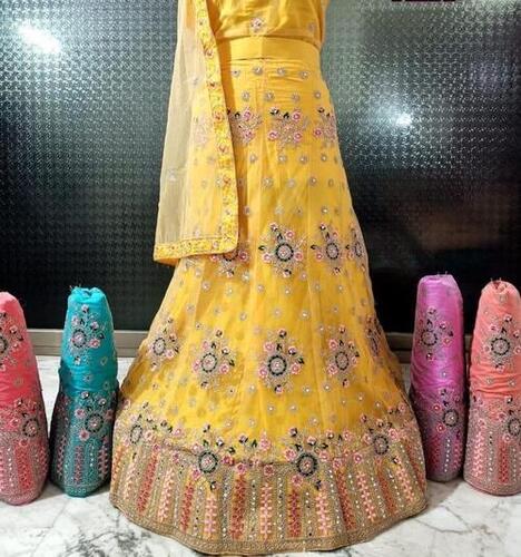 Party Wear Ladies Embroidered Semi Stitched Yellow Lehenga