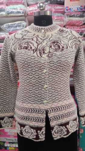 Women Full Sleeve Round Neck Casual Printed Woolen Cardigan Size: All Size