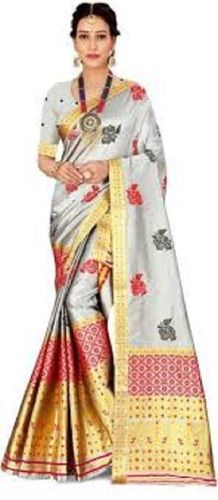 Multi Color Banarasi Style Cotton Silk Printed Hand Embriodered Saree For Party Wear