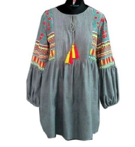 Full Sleeves Laces Closure Round Neck Cotton Tunic Top For Ladies Use