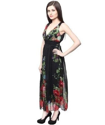 Multicolor Sleeveless Western V Neck Printed Chiffon Dress For Ladies 