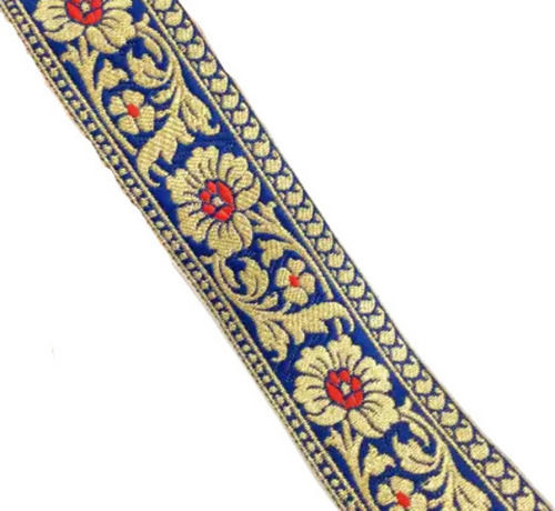 Blue And Golden 1 Inches Wide Soft Cotton One Sided Designer Embroidered Banarasi Lace