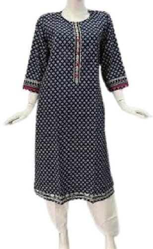 Navy Blue With White Ladies Printed 3/4Th Sleeves Breathable Cotton Kurti