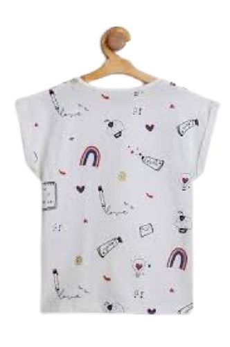 White Ladies Printed Round Neck Short Sleeve Cotton T Shirt