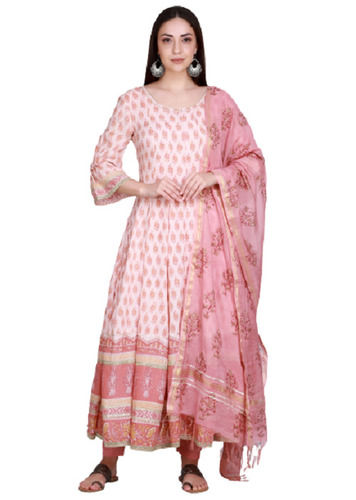 Three Four Sleeves Printed Cotton Anarkali Suit With Dupatta For Ladies